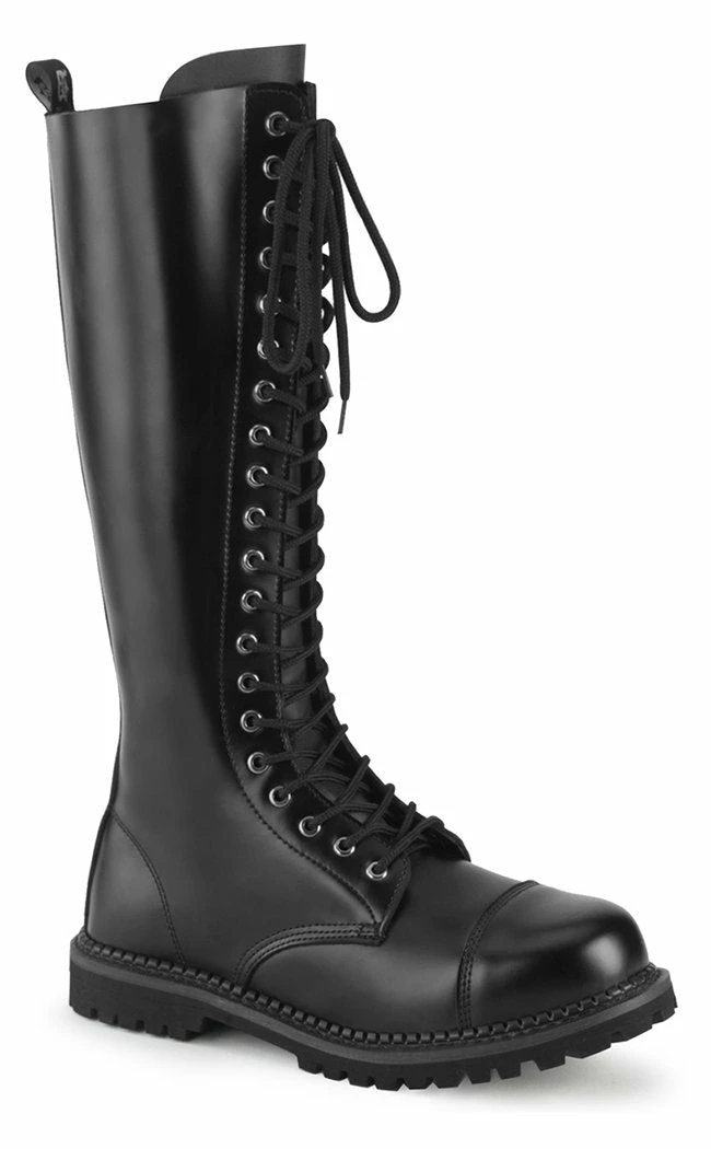 Demonia RIOT-20 Black Leather Knee High Combat Boots Shoes 3 Demonia RIOT-20 Black Leather Knee High Combat Boots Shoes