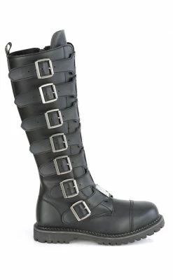 Demonia RIOT-21MP Black Vegan Leather Knee High Combat Boots Shoes