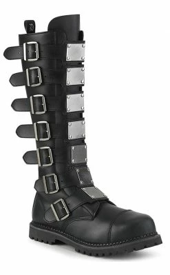 Demonia RIOT-21MP Black Vegan Leather Knee High Combat Boots Shoes
