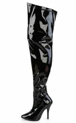 Pleaser SEDUCE-3000WC Black Patent Thigh High Boots | Wide Calf Plus Size