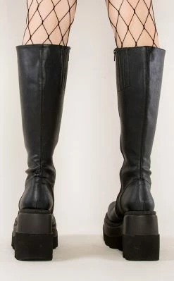 Demonia SHAKER-100 Black Vegan Knee High Platform Boots Shoes