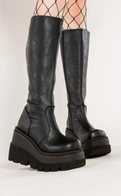 Demonia Shoes SHAKER-100 Black Vegan Leather Knee High Platform Boots (Au Stock)