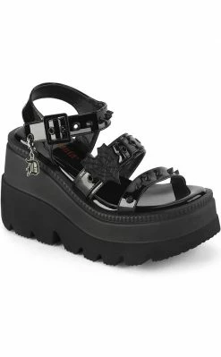 Demonia SHAKER-13 Black Patent Wedge Sandals Shoes