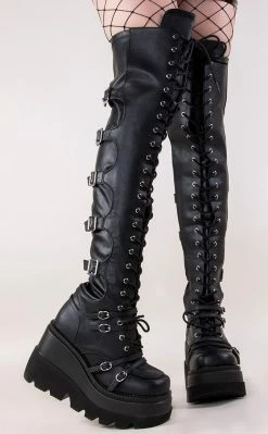Demonia SHAKER-350 Black Vegan Leather Thigh High Platform Boots