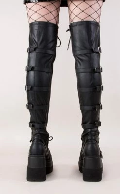Demonia SHAKER-350 Black Vegan Leather Thigh High Platform Boots 9 Demonia SHAKER-350 Black Vegan Leather Thigh High Platform Boots