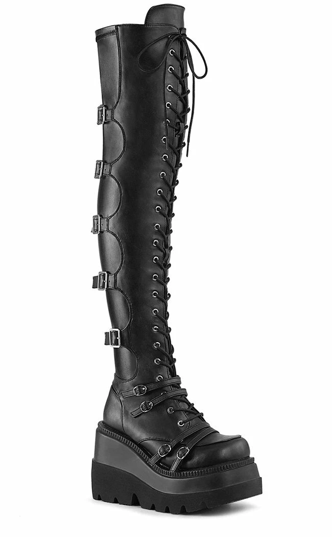 Demonia SHAKER-350 Black Vegan Leather Thigh High Platform Boots 6 Demonia SHAKER-350 Black Vegan Leather Thigh High Platform Boots