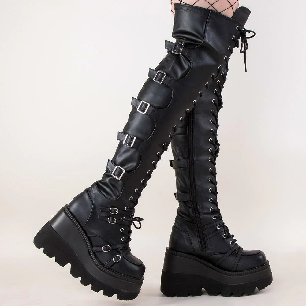 Demonia SHAKER-350 Black Vegan Leather Thigh High Platform Boots 7 Demonia SHAKER-350 Black Vegan Leather Thigh High Platform Boots