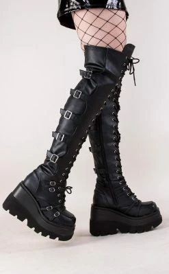 Demonia SHAKER-350 Black Vegan Leather Thigh High Platform Boots