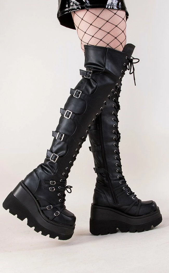 Demonia SHAKER-350 Black Vegan Leather Thigh High Platform Boots 3 Demonia SHAKER-350 Black Vegan Leather Thigh High Platform Boots
