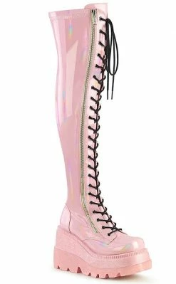 Demonia Shoes SHAKER-374-1 Baby Pink Holographic Thigh High Platform Boots (Au Stock)