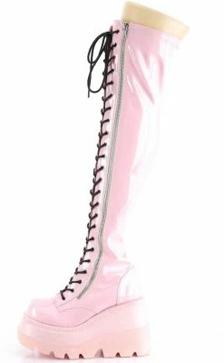 Demonia Shoes SHAKER-374-1 Baby Pink Holographic Thigh High Platform Boots (Au Stock)