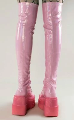 Demonia SHAKER-374-1 Baby Pink Holographic Thigh High Platform Boots