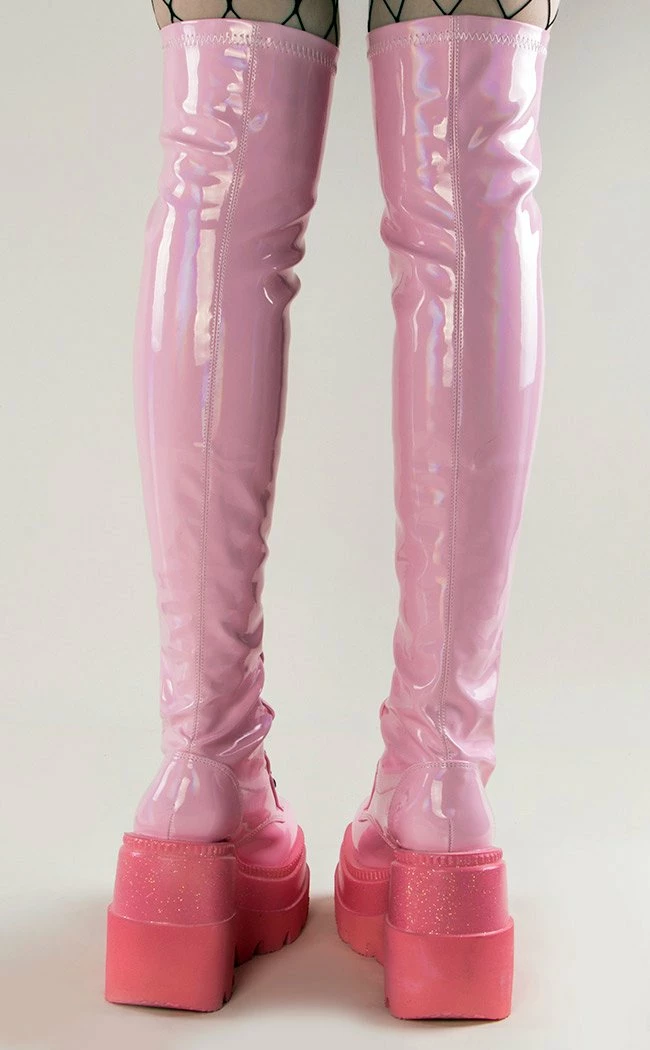 Demonia SHAKER-374-1 Baby Pink Holographic Thigh High Platform Boots 4 Demonia SHAKER-374-1 Baby Pink Holographic Thigh High Platform Boots
