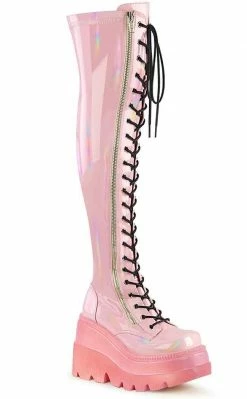 Demonia SHAKER-374-1 Baby Pink Holographic Thigh High Platform Boots 11 Demonia SHAKER-374-1 Baby Pink Holographic Thigh High Platform Boots