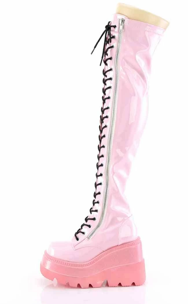 Demonia SHAKER-374-1 Baby Pink Holographic Thigh High Platform Boots 7 Demonia SHAKER-374-1 Baby Pink Holographic Thigh High Platform Boots