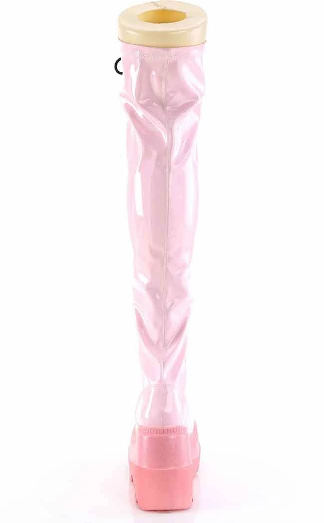 Demonia SHAKER-374-1 Baby Pink Holographic Thigh High Platform Boots 8 Demonia SHAKER-374-1 Baby Pink Holographic Thigh High Platform Boots