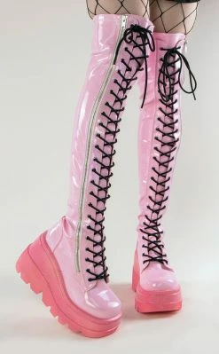 Demonia SHAKER-374-1 Baby Pink Holographic Thigh High Platform Boots
