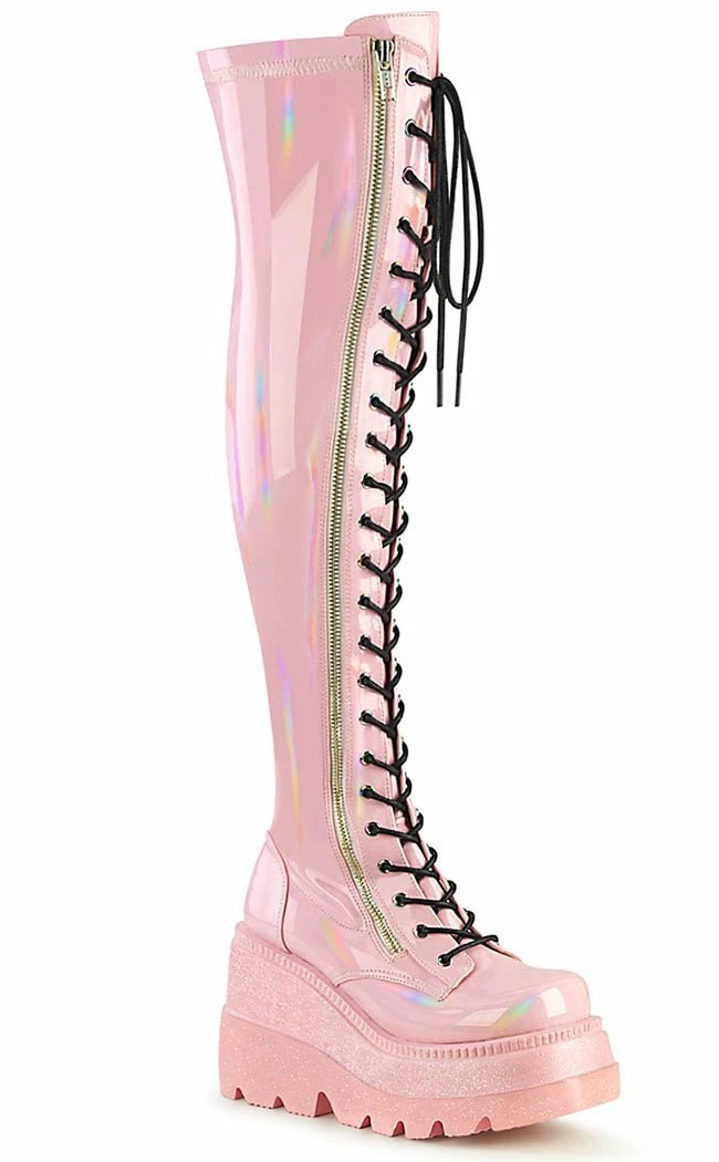 Demonia SHAKER-374 Baby Pink Holographic Thigh High Platform Boots Shoes 3 Demonia SHAKER-374 Baby Pink Holographic Thigh High Platform Boots Shoes