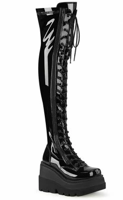 Demonia Shoes SHAKER-374 Black Patent Thigh High Platform Boots 12 Demonia Shoes SHAKER-374 Black Patent Thigh High Platform Boots