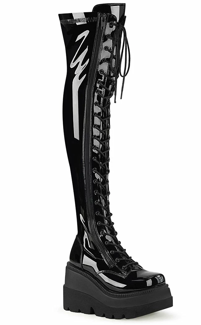 Demonia Shoes SHAKER-374 Black Patent Thigh High Platform Boots 6 Demonia Shoes SHAKER-374 Black Patent Thigh High Platform Boots