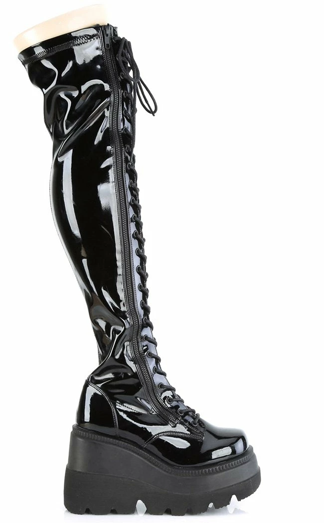 Demonia Shoes SHAKER-374 Black Patent Thigh High Platform Boots 8 Demonia Shoes SHAKER-374 Black Patent Thigh High Platform Boots