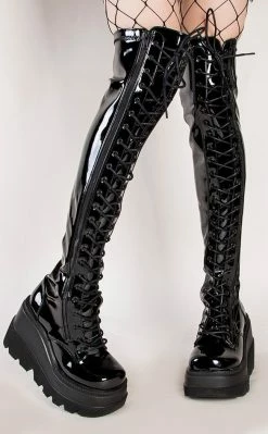 Demonia Shoes SHAKER-374 Black Patent Thigh High Platform Boots 15 Demonia Shoes SHAKER-374 Black Patent Thigh High Platform Boots