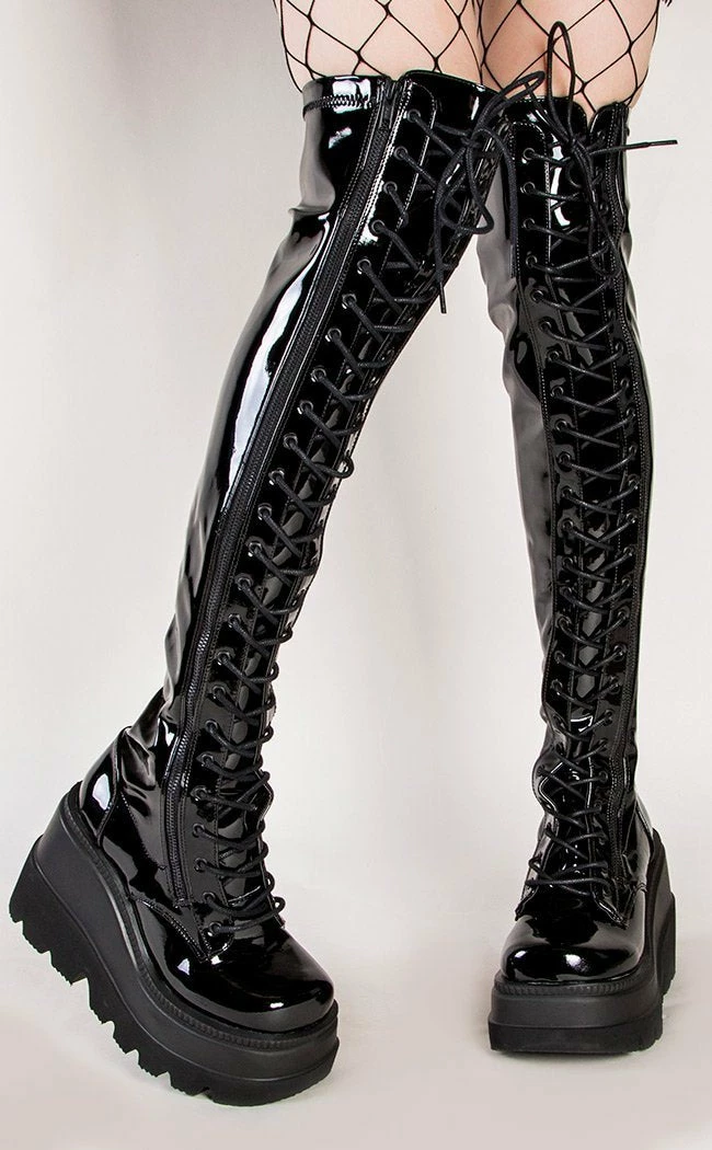 Demonia Shoes SHAKER-374 Black Patent Thigh High Platform Boots 9 Demonia Shoes SHAKER-374 Black Patent Thigh High Platform Boots