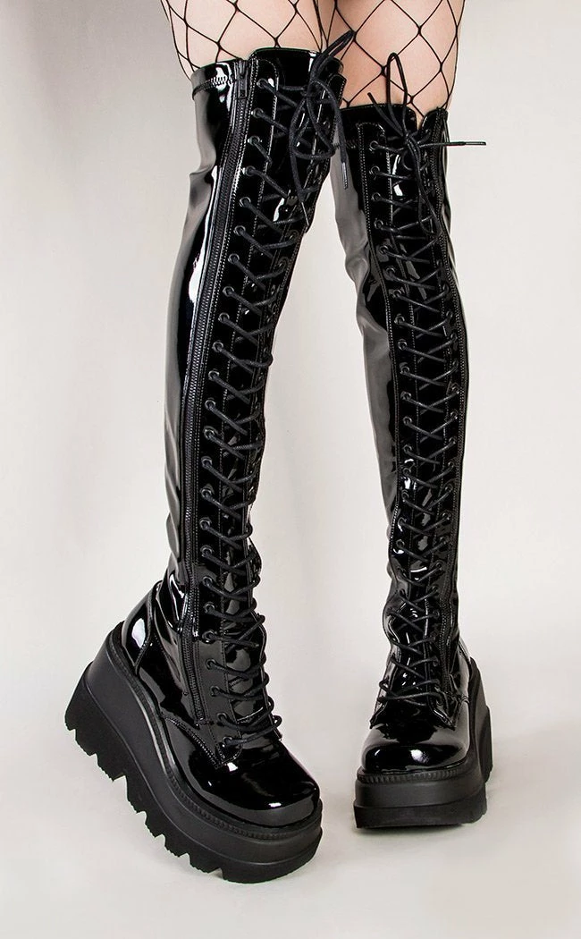 Demonia Shoes SHAKER-374 Black Patent Thigh High Platform Boots 3 Demonia Shoes SHAKER-374 Black Patent Thigh High Platform Boots