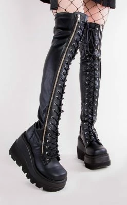 Demonia SHAKER-374 Black Vegan Leather Thigh High Platform Boots Shoes