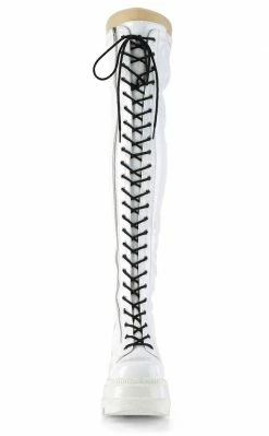 Demonia Shoes SHAKER-374 White Holographic Thigh High Platform Boots
