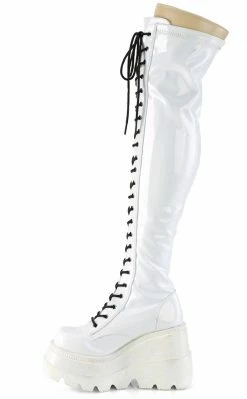 Demonia Shoes SHAKER-374 White Holographic Thigh High Platform Boots