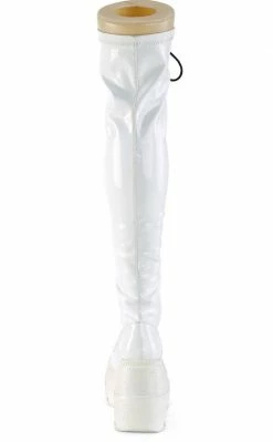 Demonia Shoes SHAKER-374 White Holographic Thigh High Platform Boots