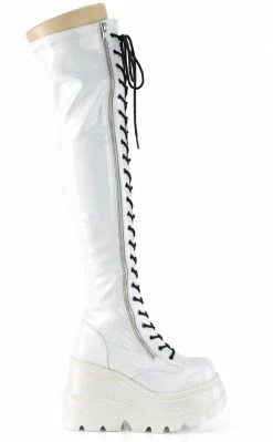 Demonia Shoes SHAKER-374 White Holographic Thigh High Platform Boots