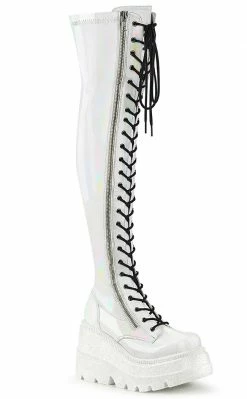 Demonia Shoes SHAKER-374 White Holographic Thigh High Platform Boots
