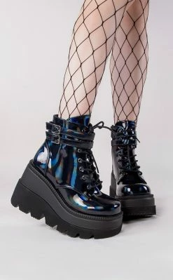 Demonia SHAKER-52 Black Holographic Platform Ankle Boots (Au Stock) Shoes