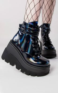 Demonia SHAKER-52 Black Holographic Platform Ankle Boots (Au Stock) Shoes