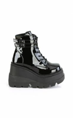 Demonia Shoes SHAKER-52 Black Patent Platform Ankle Boots