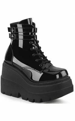 Demonia Shoes SHAKER-52 Black Patent Platform Ankle Boots