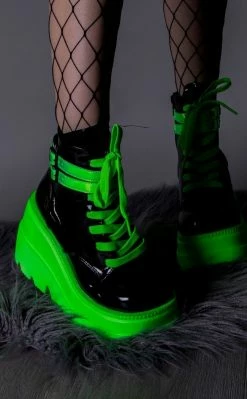 Demonia SHAKER-52 Black Patent & UV Green Platform Ankle Boots Shoes
