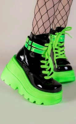 Demonia SHAKER-52 Black Patent & UV Green Platform Ankle Boots Shoes