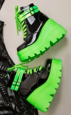 Demonia SHAKER-52 Black Patent & UV Green Platform Ankle Boots Shoes
