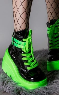 Demonia SHAKER-52 Black Patent & UV Green Platform Ankle Boots Shoes