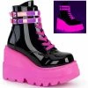 Demonia Shoes SHAKER-52 Black Patent & UV Pink Platform Ankle Boots