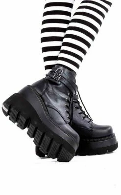 Demonia Shoes SHAKER-52 Black Vegan Leather Platform Ankle Boots (AU Stock)