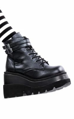 Demonia Shoes SHAKER-52 Black Vegan Leather Platform Ankle Boots (AU Stock)