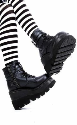 Demonia Shoes SHAKER-52 Black Vegan Leather Platform Ankle Boots