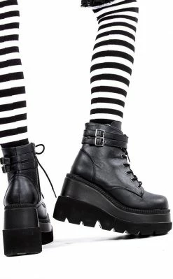 Demonia Shoes SHAKER-52 Black Vegan Leather Platform Ankle Boots