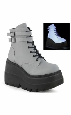 Demonia SHAKER-52 Grey UV Reflective Platform Ankle Boots Shoes