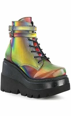 Demonia Shoes SHAKER-52 Rainbow Reflective Platform Ankle Boots
