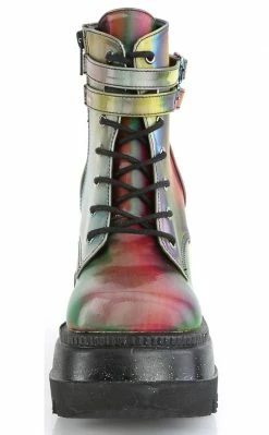 Demonia Shoes SHAKER-52 Rainbow Reflective Platform Ankle Boots
